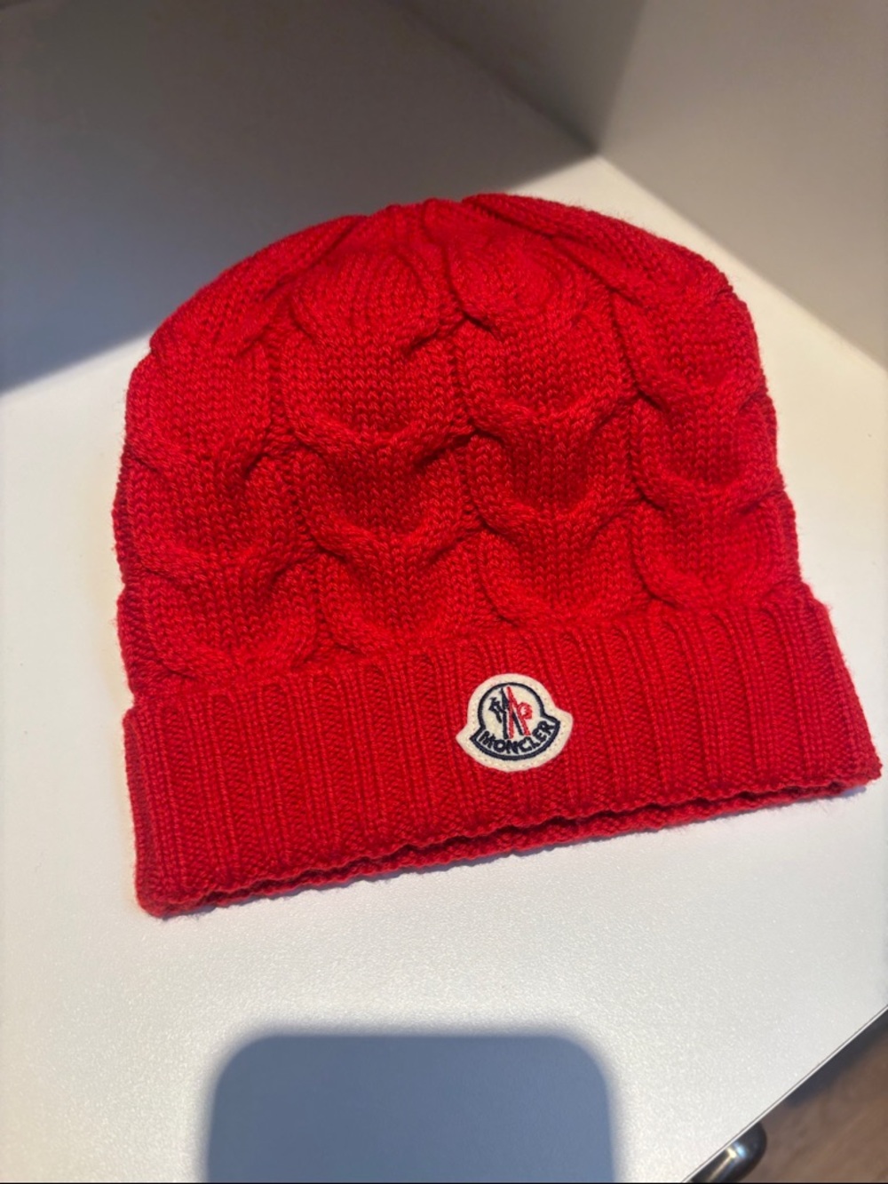 Moncler Kids Bright Red Cable Knit Beanie with Logo Patch